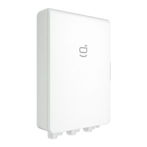 Home battery: white, compact, off-grid power station enclosure with rounded corners and multiple cable entry points at the bottom for solar energy system installation