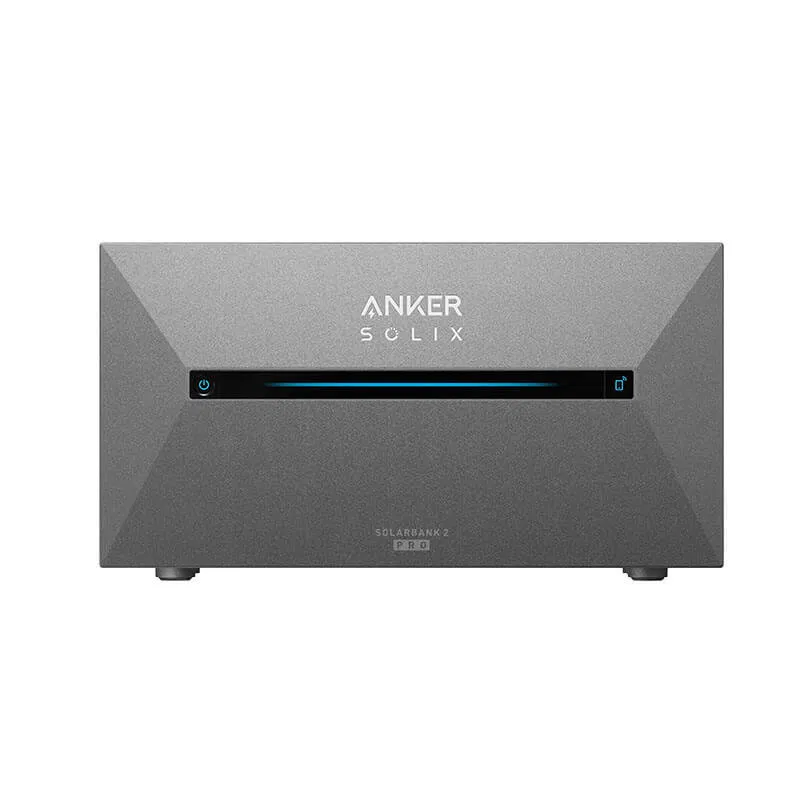 Anker Solix Solarbank 2 Pro gray portable power station with LED display and on/off button, suitable for off-grid energy storage.