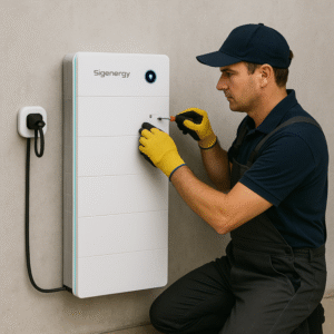 The Sigenergy white home battery is being installed by a technician wearing yellow gloves against a light gray wall