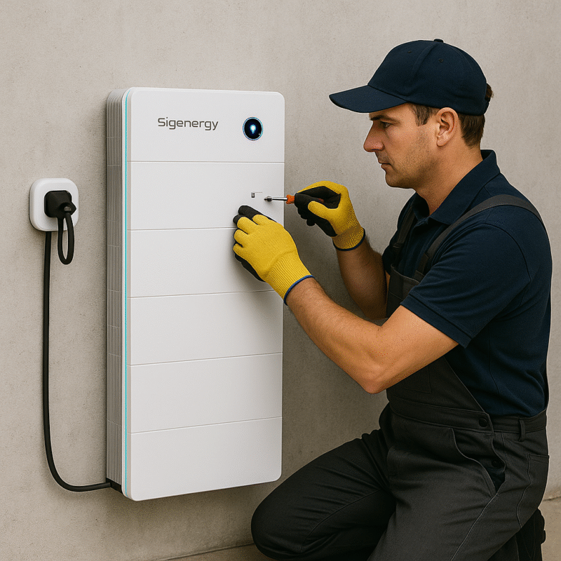 The Sigenergy white home battery is being installed by a technician wearing yellow gloves against a light gray wall