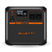Bluetti AC200P portable power station in black and orange, with a display and various ports for off-grid power management