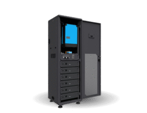 Home battery with a black metal casing, six modular battery units and a blue battery management display in an open cabinet