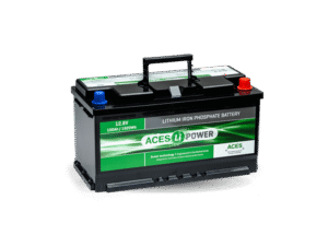 12.8V 150Ah lithium iron phosphate battery from ACES Li Power with carrying handle, red positive and blue negative terminals, suitable for off-grid energy systems