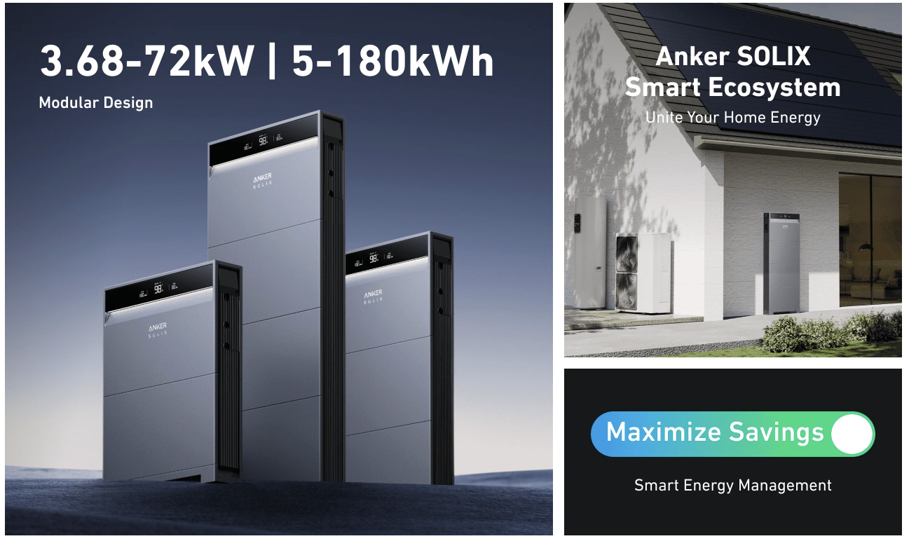 Anker SOLIX gray modular home batteries in various sizes with a digital display for energy storage and efficient power management, next to a modern white house with solar panels and an overview of smart energy-saving features.