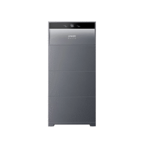 Anker Solix 9M home battery in matte gray with a digital display on top for energy management and storage, featuring a sleek, vertical design