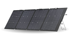 Black foldable solar panel set on a stand for portable off-grid power supply