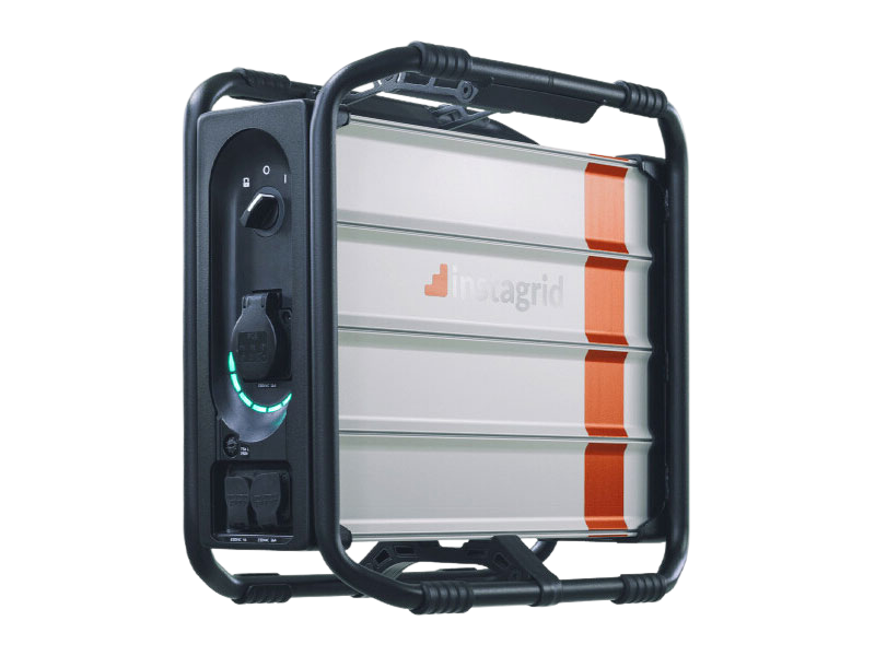 Instagrid portable power station in silver with orange accents and a black protective case with handles, suitable for mobile power use