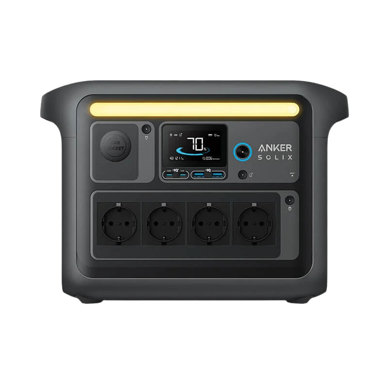 Anker Solix Portable Black Power Station with four outlets, a display, and a built-in LED flashlight for off-grid power.