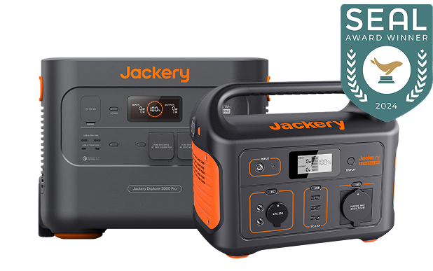 Jackery Explorer 3000 Pro and Jackery Explorer 1000 Pro portable power stations in gray with orange accents, both featuring a display and multiple ports, pictured next to the SEAL Award Winner 2024 logo