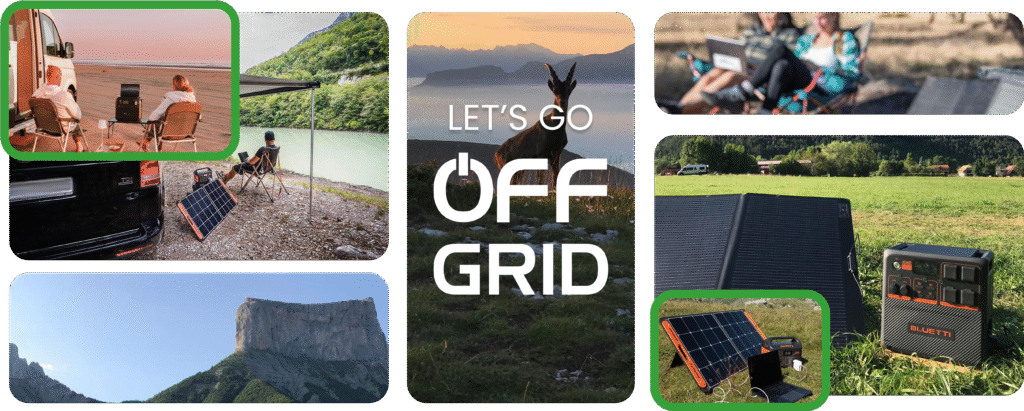 Foldable and portable solar panels with black and orange accents next to a laptop and power station at a grassy outdoor location with a blue sky and trees in the background