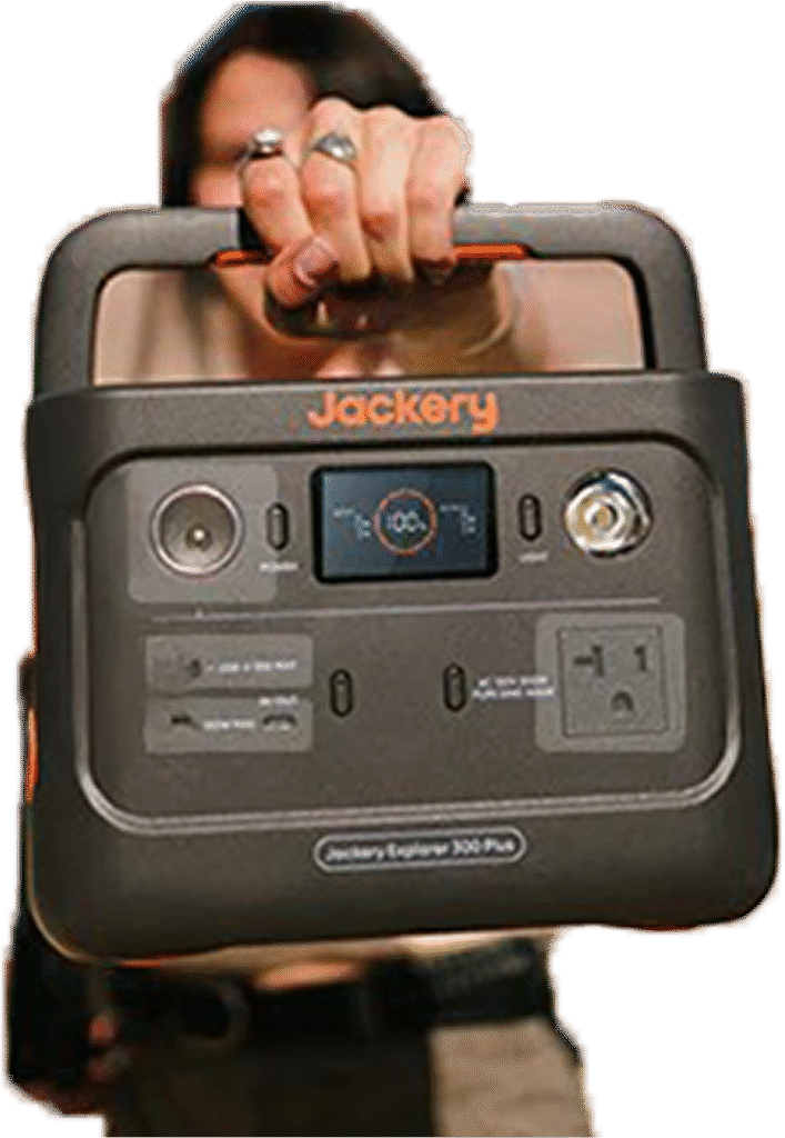 Jackery Explorer 300 Plus portable power station in dark gray with orange accents, front view showing the handle and digital display, suitable for off-grid power supply