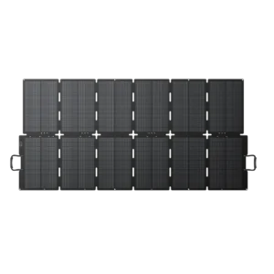 Black foldable solar panel from env-offgridpowerstationditistestnl-stg.kinsta.cloud with twelve interconnected modules and handles on both sides for portability