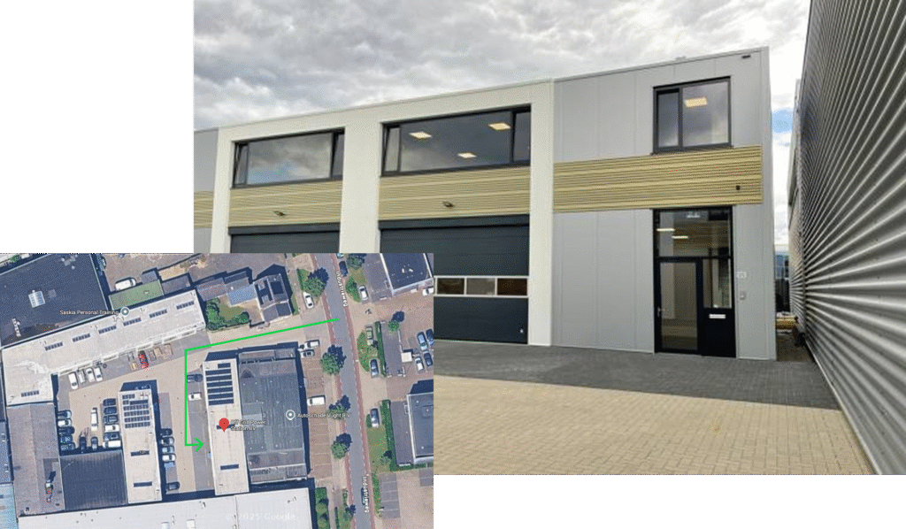 Off Grid Power Station building with a light gray facade and yellow-and-black accents, including an aerial photo with a location marker on Industrieweg.