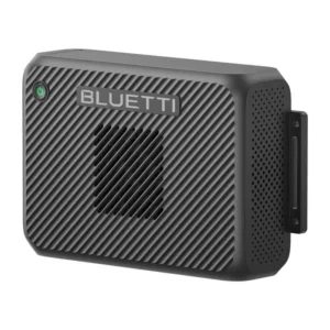 Bluetti AC10 Portable Power Station: Compact black portable power bank with built-in fan and an on/off button in the upper left corner