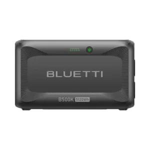 Bluetti B500K home battery in charcoal gray with a 5120Wh capacity and an integrated battery status display, suitable for off-grid energy storage.