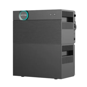 Hyxi home battery in black with horizontal ridges and a blue illuminated ring around the logo, featuring on/off and Wi-Fi LED indicators on the top
