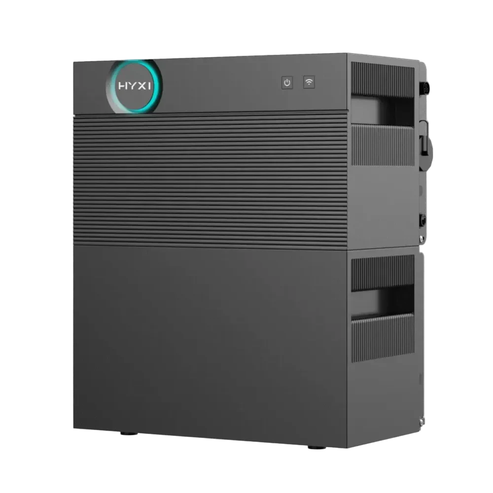 Hyxi home battery in black with horizontal ridges and a blue illuminated ring around the logo, featuring on/off and Wi-Fi LED indicators on the top