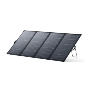 Black portable, foldable solar panels with four panels and a collapsible stand for off-grid power setup