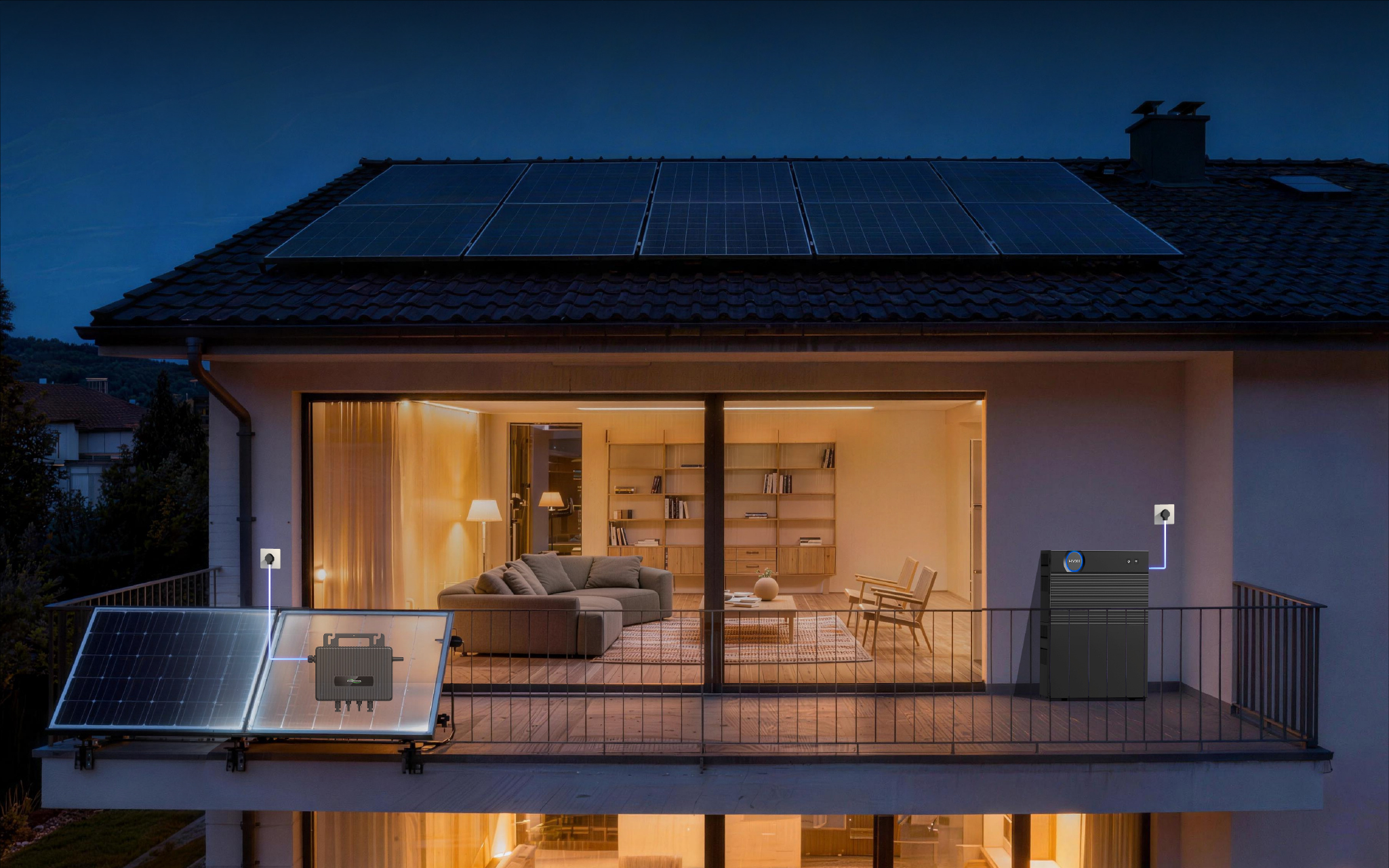 Solar panels on the dark roof of a detached house with large sliding glass doors and a view of the modern living room; also visible is a portable power station and an inverter connected to the solar panels at dusk