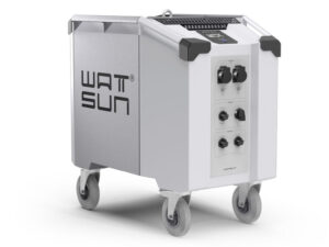 portable powerstation WATT SUN grijs-wit met wieltjes en meerdere aansluitingen voor offgrid energievoorziening