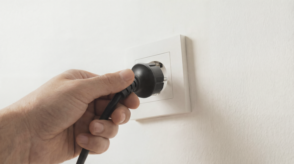 Plug in a white outlet with a hand, symbolizing the connection of an off-grid power station or solar energy system.