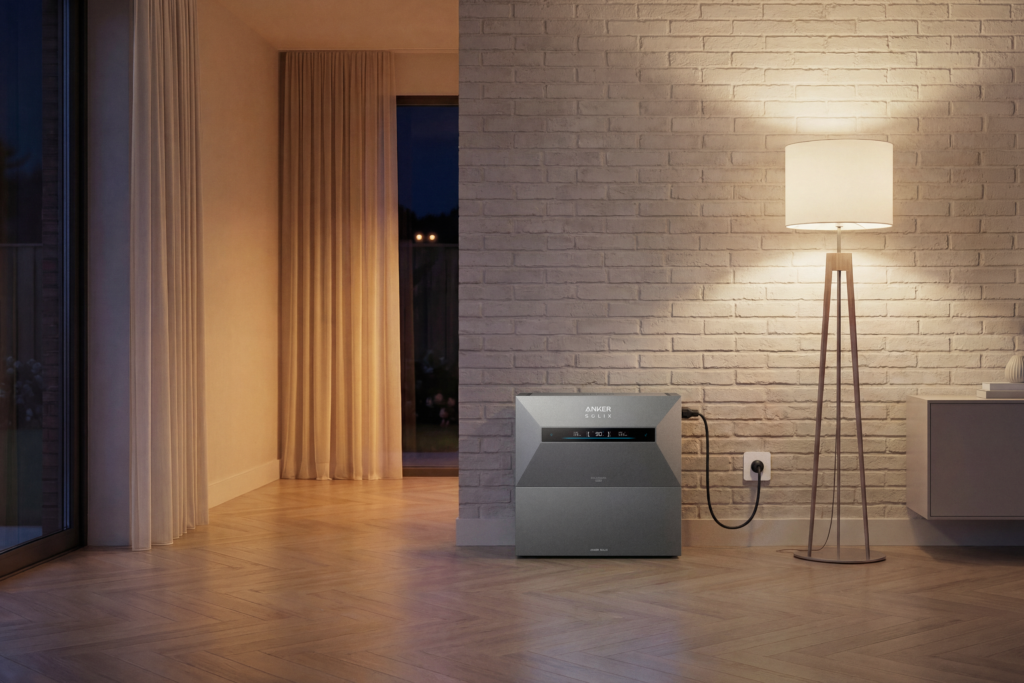 Anker Solix gray home battery mounted against a white brick wall in a living room, plugged into a wall outlet, next to a modern wooden floor lamp with a white lampshade.
