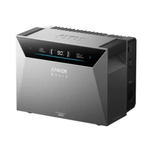 Anker Solix Solarbank 4 Pro portable power station in gray with a digital display showing battery status and output power.