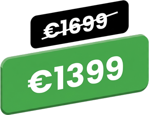 a discount label with the price of €1,699 crossed out and a green sticker showing the new price of €1,399 in white letters