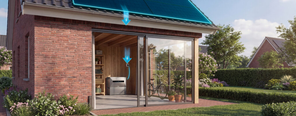 Illustration of a home battery in the shed that stores electricity generated by the solar panels.
