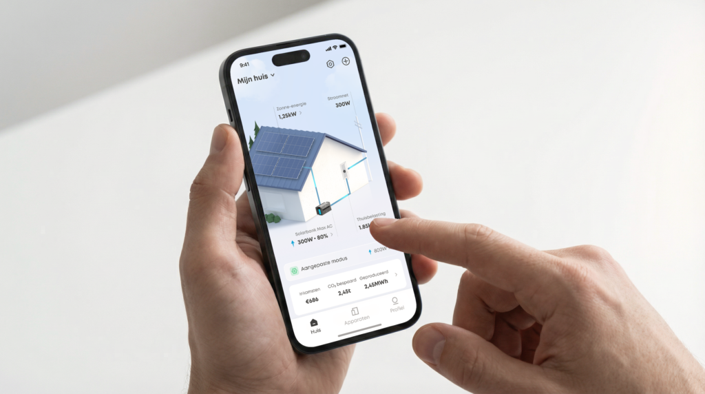 Solar panel monitoring app on a smartphone connected to the home and Solarbank Max AC, displaying real-time energy flows and output on a blue and white interface.