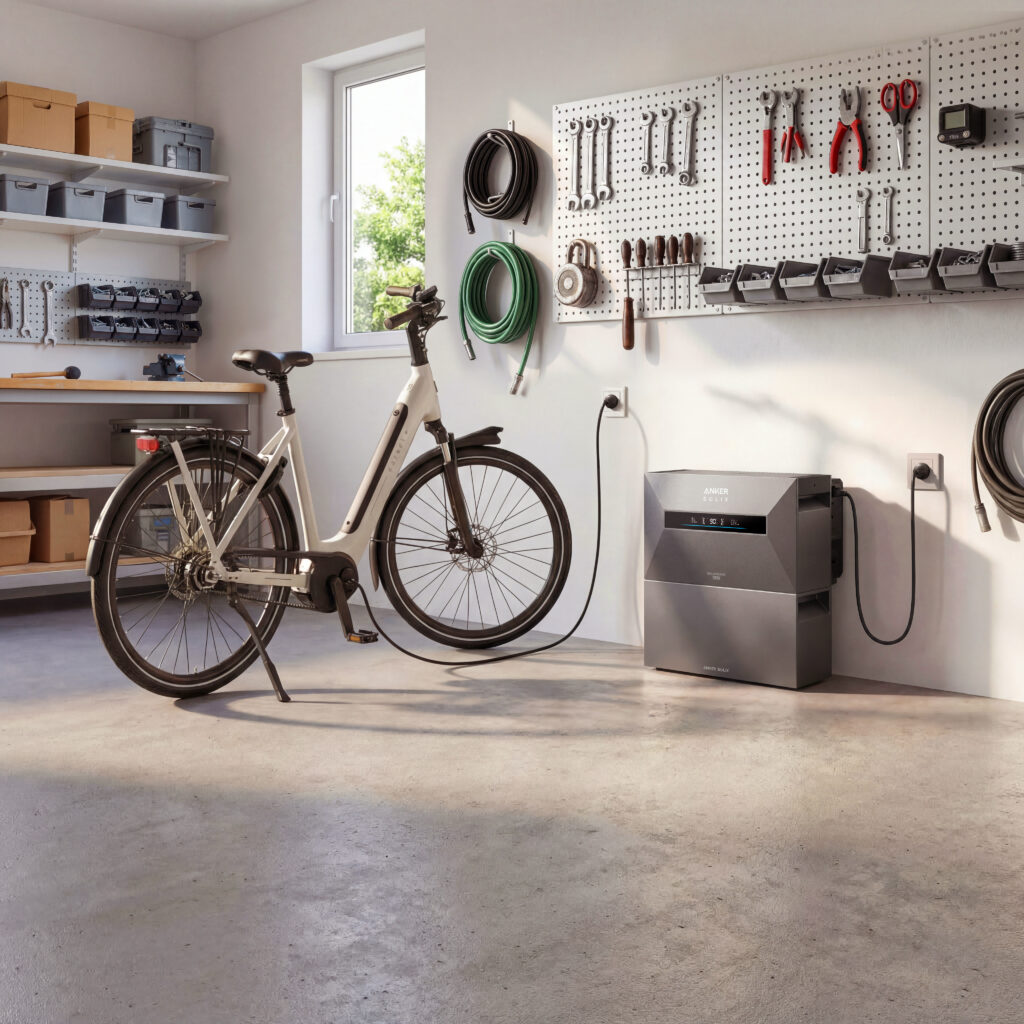 Best plug-in home battery: A gray Anker Solix home battery sits on the floor of a tidy garage and is plugged into an outlet, with a white electric bike in the foreground.