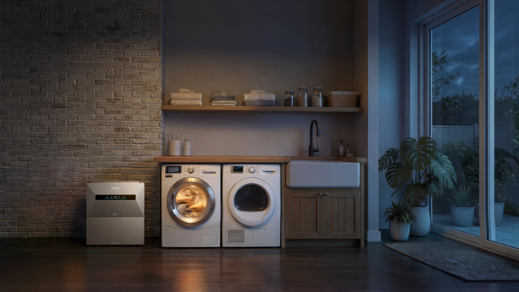 Anker Solix solar panel in a modern laundry room decorated in white and gray, next to the washing machine and dryer; a warmly lit wooden shelf with folded towels and glass jars on top; evening light streaming through a large window with plants visible.