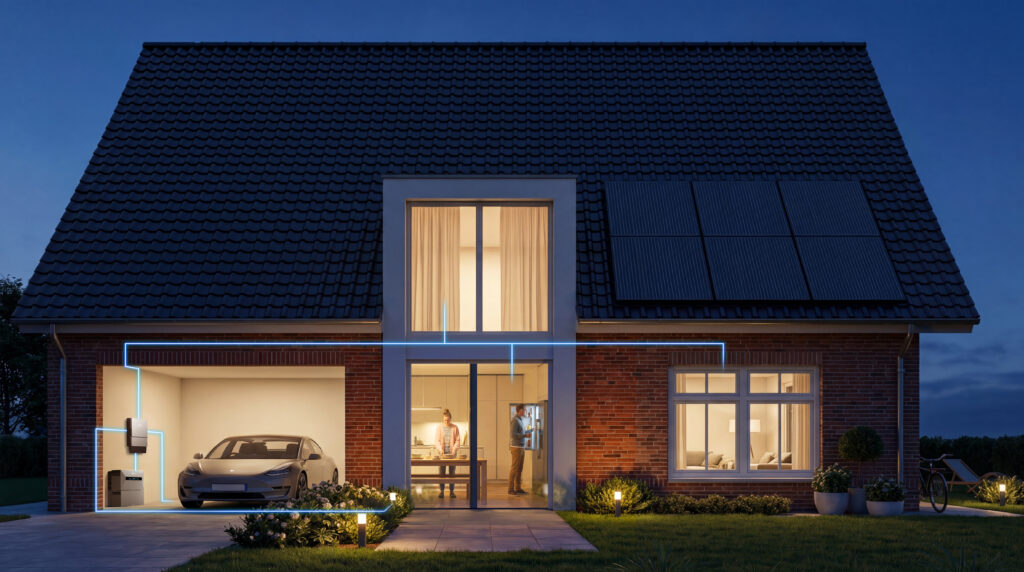 Black solar panels on the dark roof of a modern home, with interior lighting and an electric car in the garage connected to a home battery and inverter, visible via blue power lines