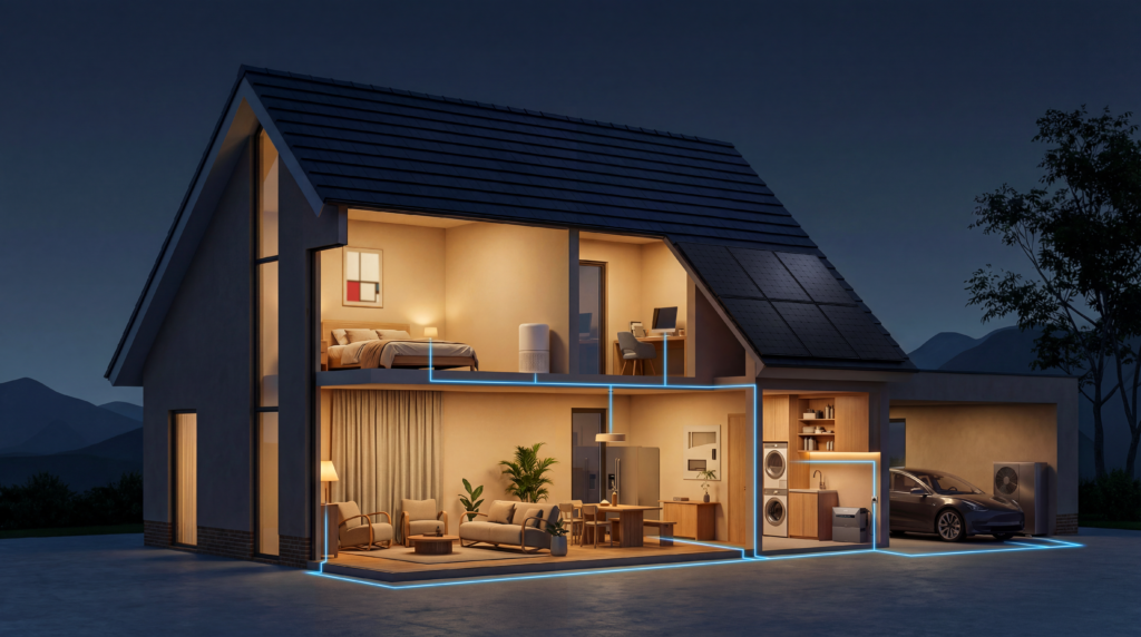 Solar power system with black solar panels on the roof of a modern house; interior featuring a bed, an office chair, a laundry room, and a garage; blue glowing power lines illustrating the distribution of energy throughout the home at dusk