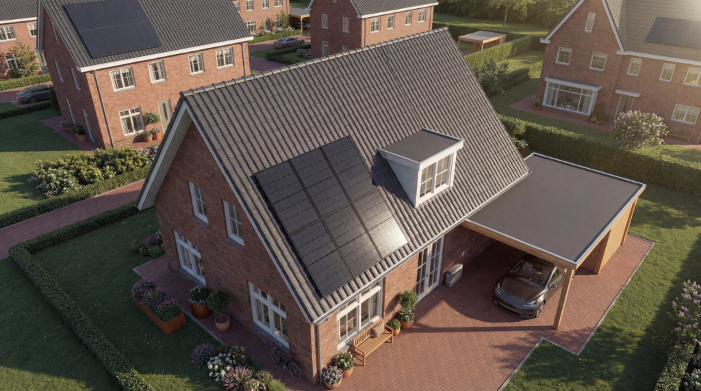 Solar panels on the gray-tiled roof of a modern single-family home with a carport and an electric car, located in a green residential neighborhood with red-brick houses and well-maintained gardens