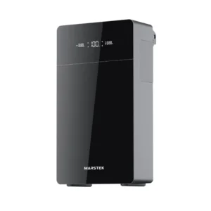 Marstek black compact home battery with a digital display and glossy finish, suitable for energy storage in off-grid systems.