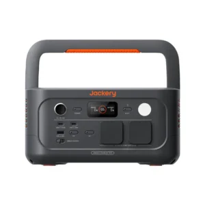 portable powerstation Jackery Explorer 500 donkergrijs met oranje accenten, draagbare batterij met display en diverse uitgangspoorten voor thuis en onderweg